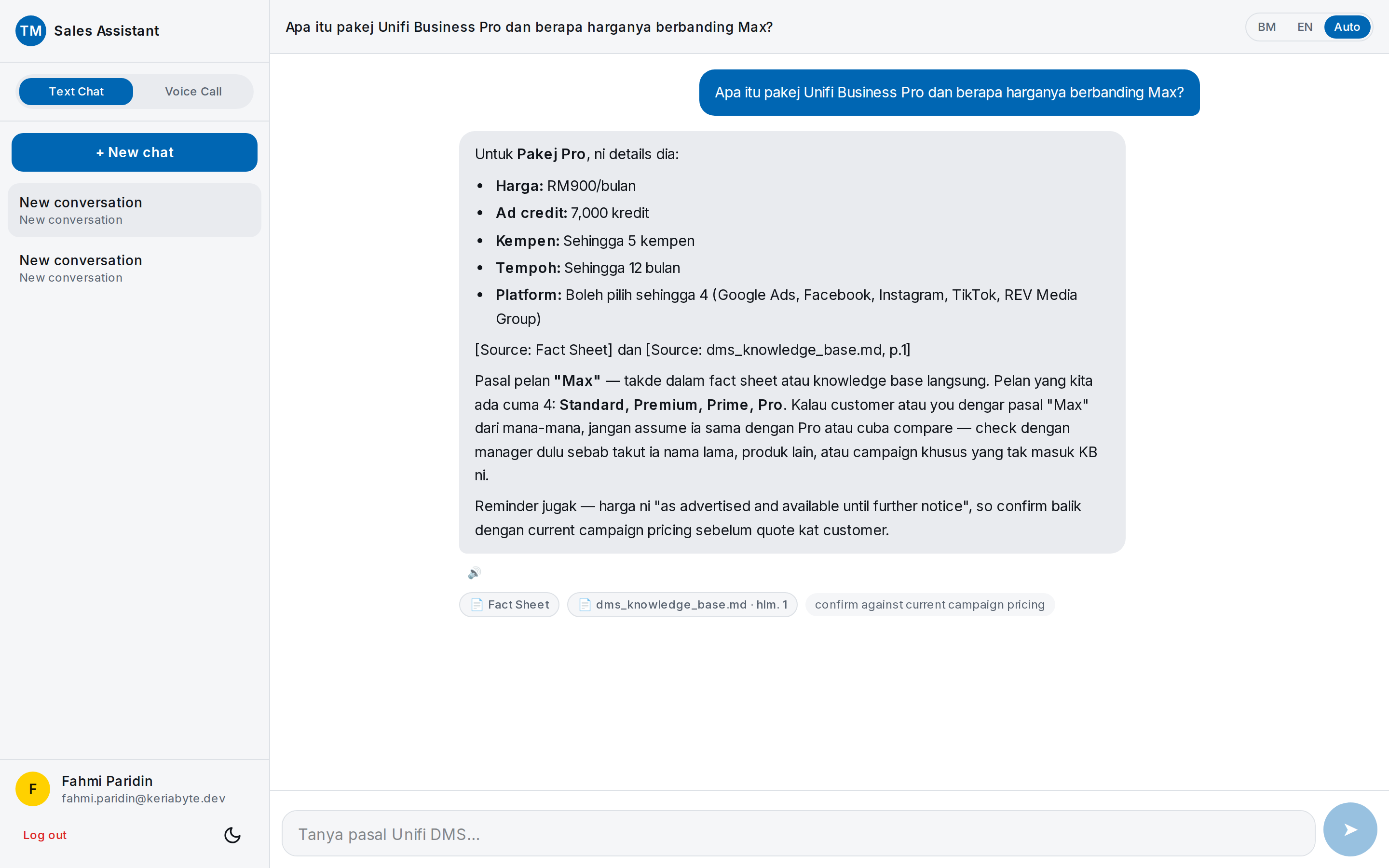 Suara text chat interface with cited source references beneath each answer