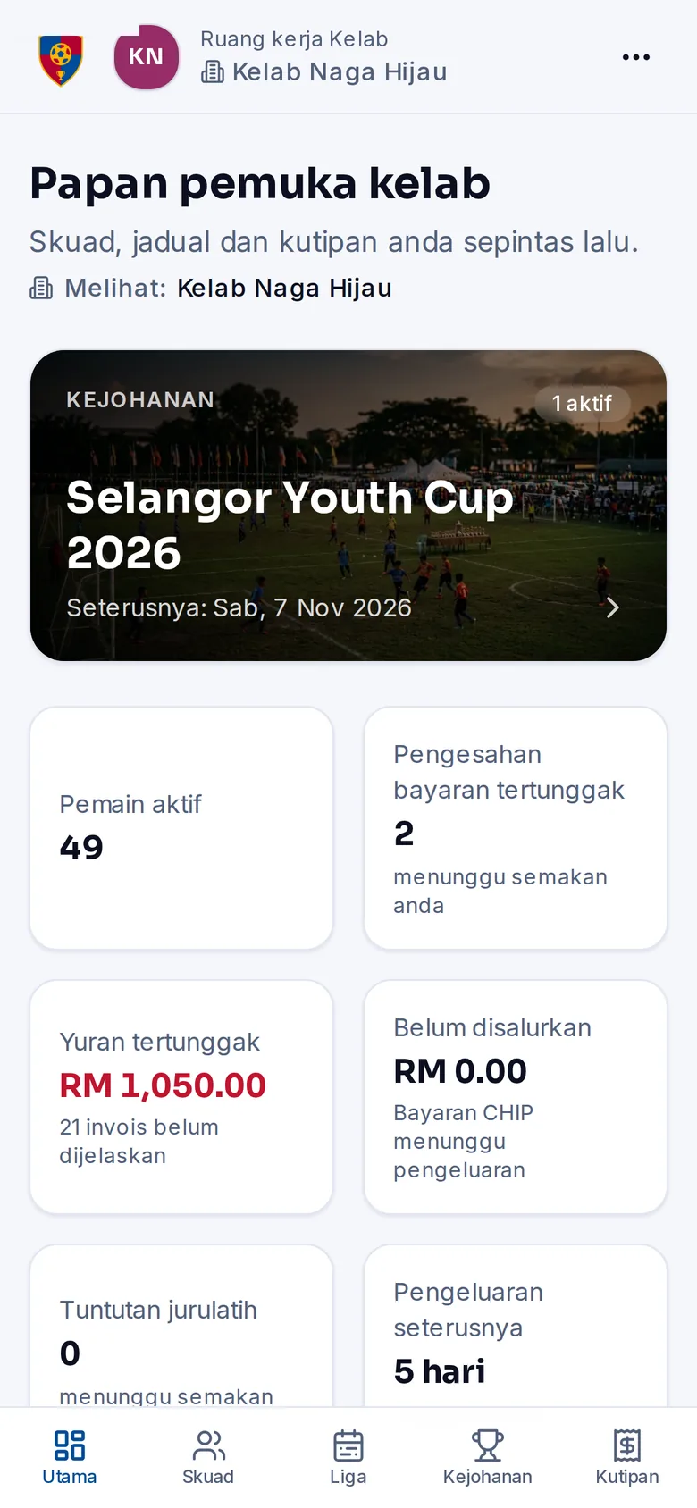 TerasBola phone screen — Club dashboard